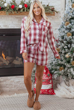 Load image into Gallery viewer, Red Retro Plaid Long Sleeve Shirt Drawstring Shorts 2pcs Lounge Set
