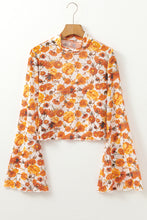 Load image into Gallery viewer, Orange Floral Printed Bell Sleeve Mock Neck Scallop Trim Blouse
