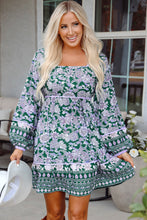 Load image into Gallery viewer, Green Floral Print Piping Trim Bubble Sleeve Square Neck Dress
