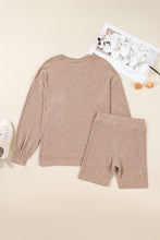 Load image into Gallery viewer, Dark Khaki Ribbed Balloon Sleeve Pullover Top and Biker Knitted Short Set
