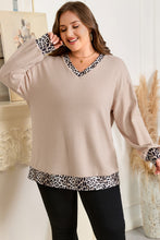 Load image into Gallery viewer, Parchment Leopard Patchwork V Neck Long Sleeve Plus Size Top
