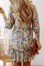 Load image into Gallery viewer, Sky Blue Floral 3/4 Sleeve V Neck High Waist Ruffled Dress
