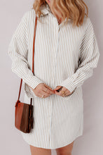Load image into Gallery viewer, Khaki Stripe Long Sleeve Button Up Mini Shirt Dress

