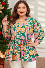 Load image into Gallery viewer, Green Floral Tied V Neck Long Sleeve Plus Size Babydoll Top
