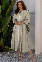 Load image into Gallery viewer, Black Stripe V Neck Zip Front Cinched High Waist Midi Dress
