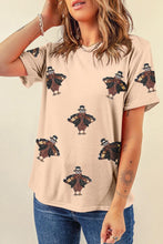 Load image into Gallery viewer, Khaki Sequined Turkey Patched Pattern Crewneck Thanksgiving T Shirt
