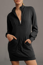Load image into Gallery viewer, Black Zip up Collared Ribbed Patchwork Sweatshirt Dress with Pockets
