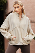 Load image into Gallery viewer, Apricot Half Zip Stand Collar Exposed Seam Solid Color Casual Sweatshirt
