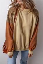 Load image into Gallery viewer, Khaki Lace Patchwork Colorblock Drop Shoulder Sweatshirt
