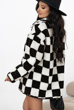 Load image into Gallery viewer, Black Checkered Side Pockets Collared Buttoned Fleece Jacket
