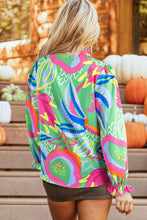 Load image into Gallery viewer, Green Abstract Print Ruffled Sleeve Buttoned V Neck Blouse
