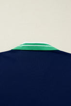 Load image into Gallery viewer, Navy Blue Contrast Striped Cuffs Polo Collar Patchwork Long Sleeve Ruffle Hem Mini Dress
