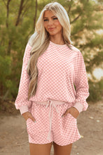 Load image into Gallery viewer, Pink Checkerboard Long Sleeve Pullover and Shorts Set
