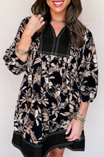 Load image into Gallery viewer, Black 3/4 Sleeve Botanical Print Split Neck Loose Mini Dress

