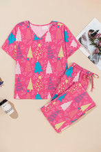 Load image into Gallery viewer, Rose Christmas Tree Print V Neck Tee and Pants Lounge Set
