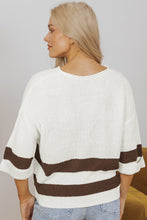 Load image into Gallery viewer, Brown Striped Accent Notched V Neck Cropped Sweater T Shirt
