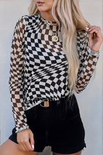 Load image into Gallery viewer, Black Checkered Pattern Mesh Mock Neck Long Sleeve Top
