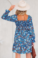 Load image into Gallery viewer, Blue Smocked Bodice High Waist Ruffled Sleeve Floral Dress
