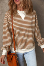 Load image into Gallery viewer, Khaki Stripe Patched Edge Textured Round Neck Long Sleeve Top
