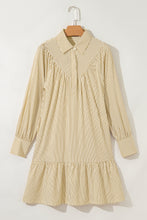 Load image into Gallery viewer, Brown Stripe Collared Neck Cuffed Long Sleeve Drop Waist Mini Dress
