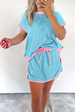 Load image into Gallery viewer, Turquoise Colorblock Edge Drop Shoulder T Shirt and Skort 2Pcs Set
