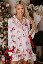 Load image into Gallery viewer, Pink Christmas Candy Contrast Trim Bow Knot Silky 2pcs Pajama Set
