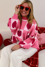 Load image into Gallery viewer, Pink Love Heart Checkered Valentine Crew Neck Sweater
