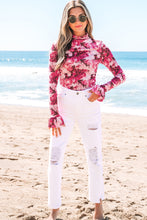 Load image into Gallery viewer, Rose Floral Mesh Flounce Sleeve Mock Neck Blouse
