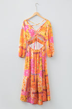 Load image into Gallery viewer, Orange Floral Patchwork Print Cut out Tied Back Bracelet Sleeve Maxi Dress
