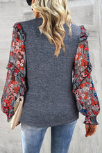 Load image into Gallery viewer, Blue Pale Chestnut Ruffle Tiered Floral Sleeve Crew Neck Blouse
