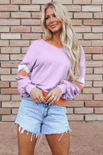 Load image into Gallery viewer, Orchid Bouquet Contrast Rib Knit Patchwork Drop Shoulder V Neck Sweatshirt
