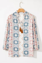 Load image into Gallery viewer, Khaki Geometric Print Tassel Tie Split Neck Balloon Sleeve Blouse
