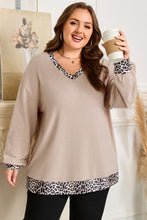 Load image into Gallery viewer, Parchment Leopard Patchwork V Neck Long Sleeve Plus Size Top
