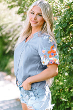 Load image into Gallery viewer, Beau Blue Floral Embroidered Puff Sleeve Split Neck Blouse
