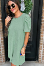 Load image into Gallery viewer, Mint Green Corded Knit Crew Neck Puff Sleeve Shift Mini Dress
