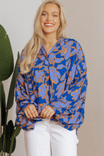 Load image into Gallery viewer, Blue Floral Print Batwing Sleeve Buttoned Loose Fit Shirt
