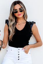 Load image into Gallery viewer, Black Leatherette Ruffle Patchwork Ribbed V Neck Bodysuit
