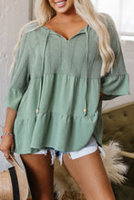 Load image into Gallery viewer, Laurel Green Tie Split Neck Textured Ruffle Patchwork Blouse
