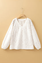 Load image into Gallery viewer, White Eyelet Embroidered Puff Sleeve V Neck Blouse
