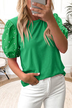 Load image into Gallery viewer, Bright Green Ribbed Pearl Beaded Puff Sleeve Top
