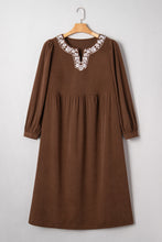 Load image into Gallery viewer, Coffee Embroidered Notched Neckline Textured Pleated High Waist Plus Size Midi Dress
