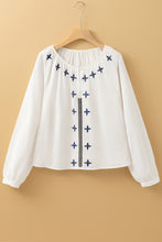 Load image into Gallery viewer, White Geometric Embroidered Long Sleeve Buttoned Blouse
