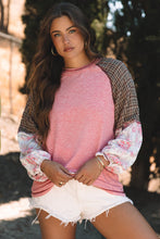 Load image into Gallery viewer, Fushia Mixed Print Raglan Sleeve Ribbed Knit Patchwork Blouse
