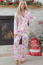 Load image into Gallery viewer, Pink Striped Bow Print Contrast Piping Trim Shirt and Pants 2pcs Pajama Set
