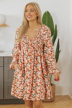 Load image into Gallery viewer, Beige Floral Deep V Neck Smocked Bust Bubble Sleeve Babydoll Dress

