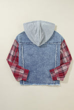 Load image into Gallery viewer, Beau Blue Plaid Print Patchwork Hooded Raw Hem Denim Jacket
