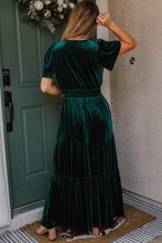 Load image into Gallery viewer, Evergreen Velvet Short Sleeve Shirred Waist Tiered Maxi Dress
