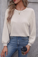 Load image into Gallery viewer, Khaki Stripe Round Neck Drop Shoulder Long Sleeve Top

