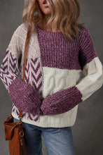 Load image into Gallery viewer, Purple Color Block Patchwork Knotted Back Loose Fit Sweater
