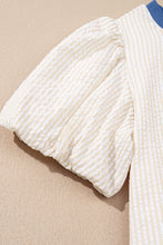 Load image into Gallery viewer, Beige Stripe Seersucker Contrast Round Neck Puff Sleeve T Shirt Dress

